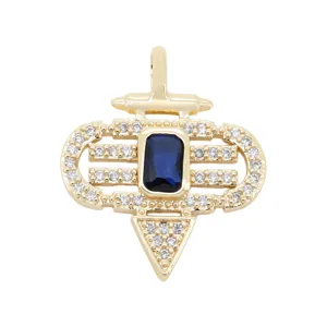 18K gold plated copper micro-paved cubic zirconia pendant with blue rectangular stone detail