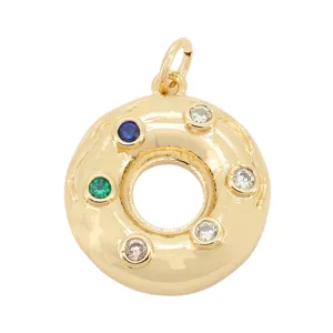 Gold plated doughnut pendant with colorful zircon stones, perfect for DIY jewelry making.