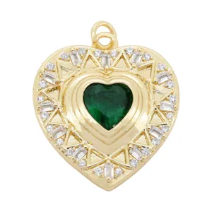 Gold plated heart pendant charm with green stone and cubic zirconia for DIY jewelry making.