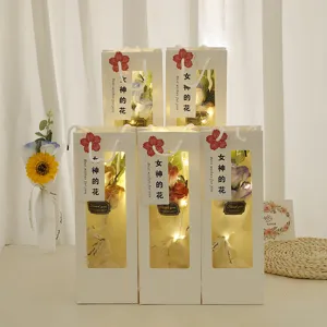 Soap flower gift box with LED lights, romantic rose bouquet in gift bag for Valentine's Day.