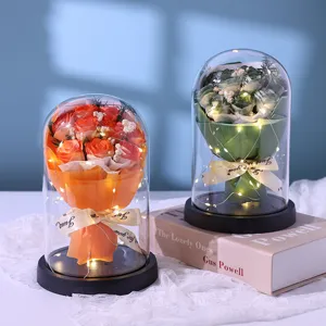 Preserved rose flower glass dome with LED string lights romantic gift for Valentine's Day.
