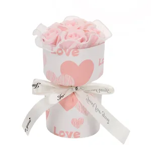 Pink soap rose bouquet gift box with heart design for Valentine's Day.