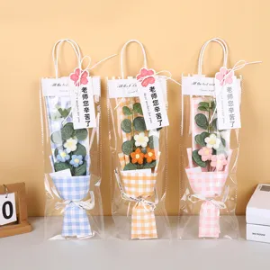 Handmade Knitted Yarn Flower Bouquet Crochet Rose Floral Gift With LED Light Gift Bag For Teacher Women