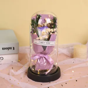 Preserved Rose Soap Flower Glass Dome With LED Light Romantic Gift For Valentine Day Home Decor