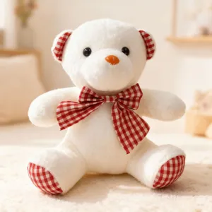 Cute white teddy bear plush toy with red checkered bow tie and ears for kids room gift