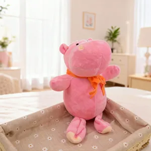 Cute pink hippo plush toy with orange scarf, soft stuffed animal doll for kids gift home decor