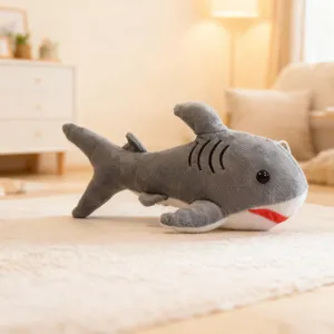 Cute grey shark plush toy, soft stuffed animal doll for kids and home decor details.