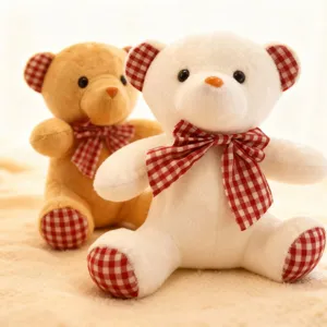 Cute plush teddy bear toy with red plaid bow tie soft stuffed doll for kids gift home decor