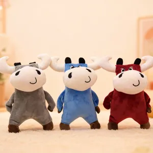 Cute kung fu bull plush toy set, soft cartoon animal doll in grey, blue, and red colors.