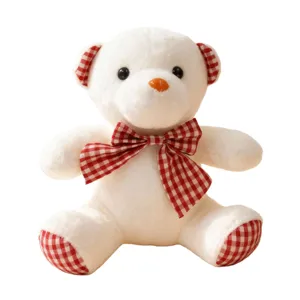 Cute white plush teddy bear toy with red and white checkered bow tie for kids gifts.