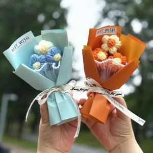 Mini Knitted Crochet Flower Bouquet Handmade Yarn Artificial Flowers Gift Box For Valentine's Day Party Home Decor