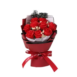Mini 9-rose soap flower bouquet with dried baby's breath, exquisite gift for Valentine's Day.