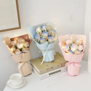 Valentine Day Soap Rose Gypsophila Bouquet With LED Light Gift Bag Romantic Birthday Artificial Flower Gift