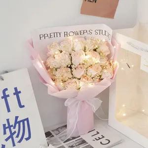Pink soap rose bouquet with fairy lights artificial flowers gift for Valentine Day birthday