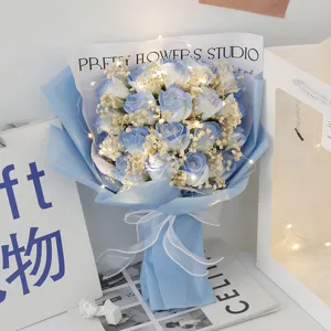 Blue soap roses bouquet with fairy lights 19pcs artificial flowers gift for women girlfriend