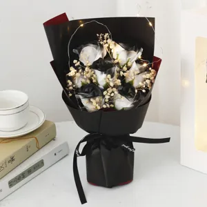 Black soap rose bouquet with baby's breath and LED lights for romantic Valentine gifts