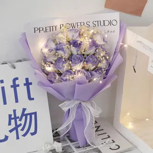 Purple soap rose flower bouquet with fairy lights romantic gift for Valentine's Day and birthday.
