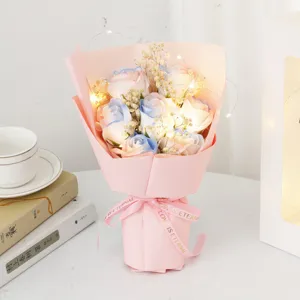 Beautiful soap rose bouquet with fairy lights and baby's breath, perfect gift for romantic days.