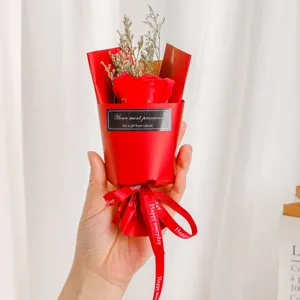 Mini red rose soap flower bouquet gift for Valentine Day, romantic mini hand flower present.