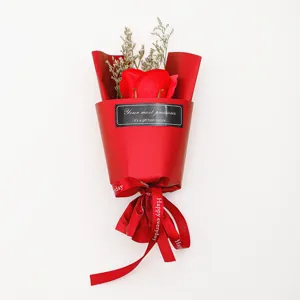 Mini red soap rose bouquet with dried flowers, perfect gift for Valentine and events.
