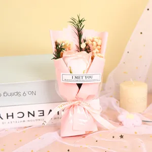 Miniature rose soap flower bouquet with gypsophila, perfect romantic gift for Valentine's Day.