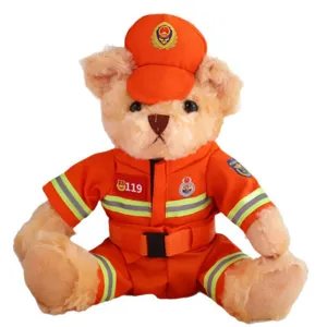 Cute firefighter teddy bear plush toy doll, orange uniform with kids gift toy.