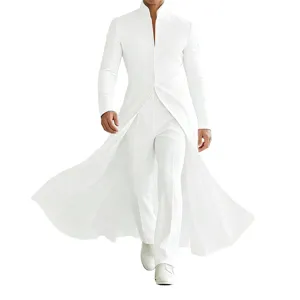 Men's Elegant White Stand Collar Long Suit Jacket A-Line Banquet Formal Trench Coat