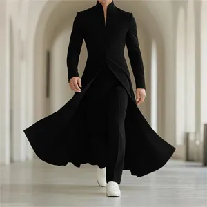 Close-up detail of the black men's long stand collar coat, showing the stylish A-line flared fit.