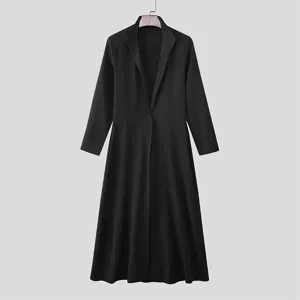 Men long black blazer coat stand collar single button A-line banquet formal outerwear