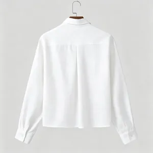 Back view detail of men's solid white textured short shirt with lapel and long sleeves.