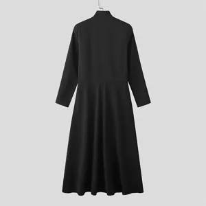 Men's black long sleeve mandarin collar flared A-line suit coat dress detail view