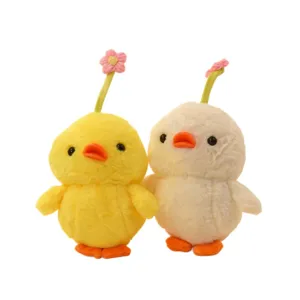 Cute chick plush toy set with sprout flower decor, soft stuffed animal doll for kids gift.