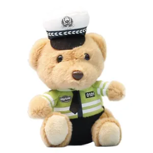 Cute traffic police bear plush toy keychain, soft stuffed doll pendant for bags.