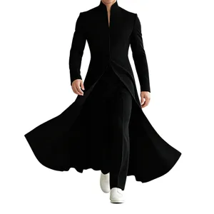 Stylish Men's Black Stand Collar Long Trench Coat Slim Fit A-Line Banquet Outerwear