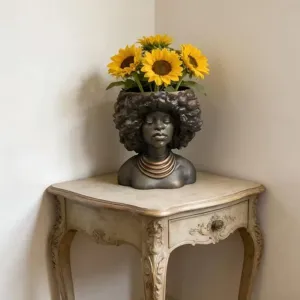Resin head planter detail, creative face flower pot scene display in vintage home corner style.