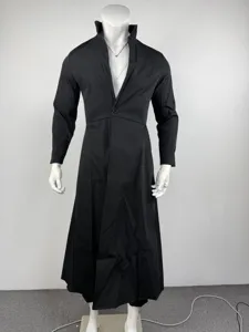 Black long suit coat detail, stand collar, waisted A-line flared hem for men banquet wear.