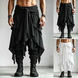 Men casual draped twist tie harem trousers layered cuffed pants detail view style
