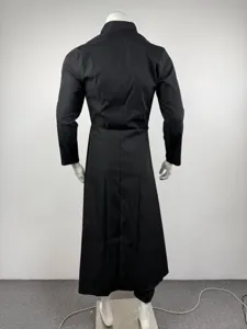 Back view detail of men's long stand-collar black suit coat with flared A-line design.