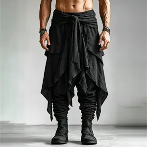 Men black layered harem pants samurai drop crotch pants tactical tie waist trousers detail