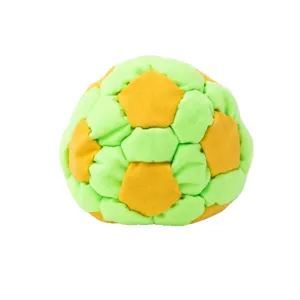 Close-up of soft fabric soccer ball, green and yellow panels, durable stitching for indoor play