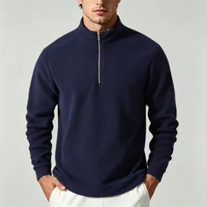 Men's navy blue half-zip fleece sweatshirt stand collar casual winter warm pullover top
