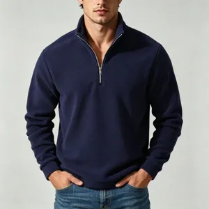 Men's navy blue half-zip fleece sweatshirt, stand-up collar casual warm pullover top.