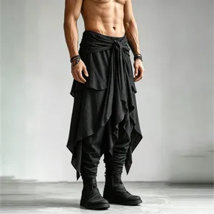 Men's dark style twisted wrap harem pants with layered straps and elastic cuffs.