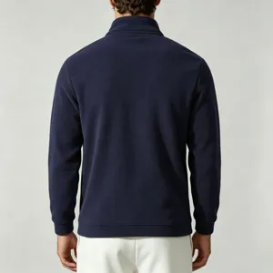 Detail view of men's navy blue fleece half-zip stand collar sweatshirt back display.