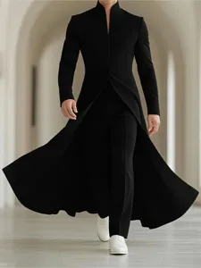 Men's Black Long Stand Collar Suit Coat Elegant A-Line Flared Banquet Dress Outerwear