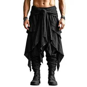 Men's Black Avant-Garde Layered Harem Pants Knotted Waistband Casual Cuffed Trousers
