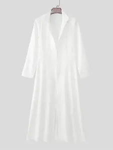 Men's long white suit jacket stylish trench coat with lapel collar and slim waist design.