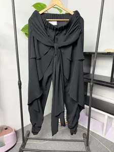 Men's black asymmetrical draped harem pants with waist tie layered cascade long trousers