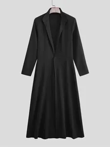 Men's Long Suit Coat Stand Collar Single Button A-Line Banquet Outerwear Black Color
