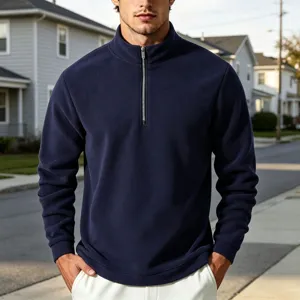 Mens Navy Blue Quarter Zip Fleece Pullover Stand Collar Casual Warm Winter Sweatshirt Detail